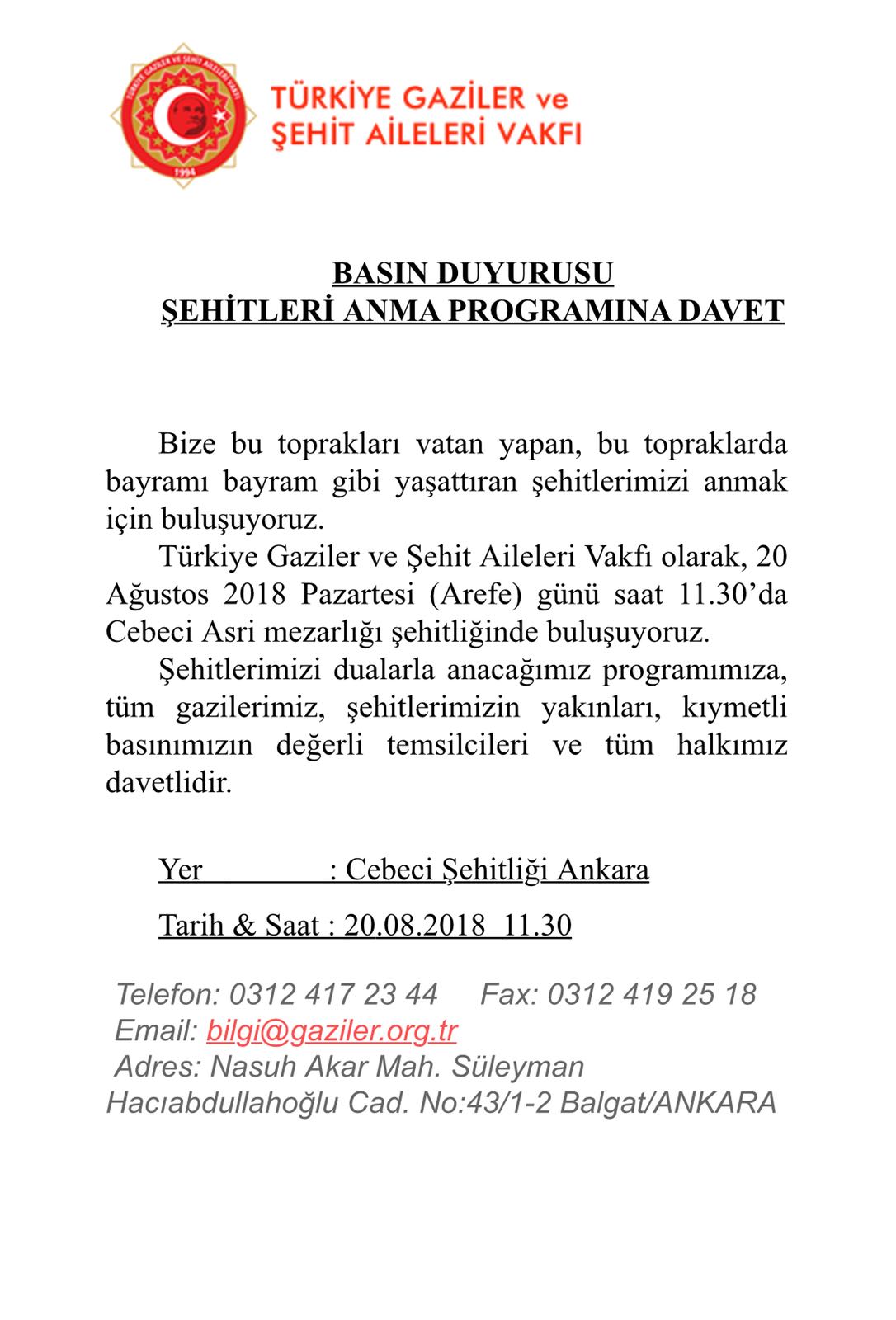 ŞEHİTLERİ ANMA PROGRAMINA DAVET